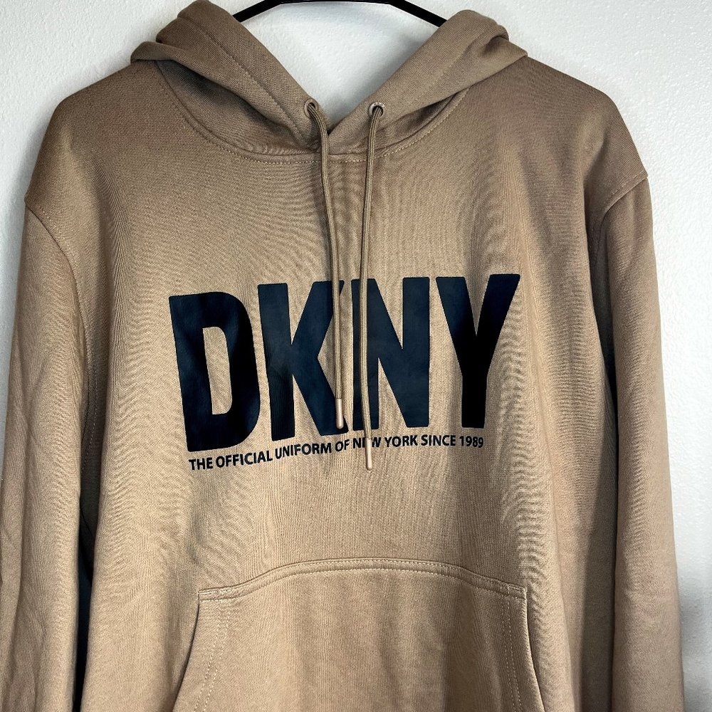 DKNY Men’s Tan Hoodie – Soft Cotton Blend Pullover (XL)